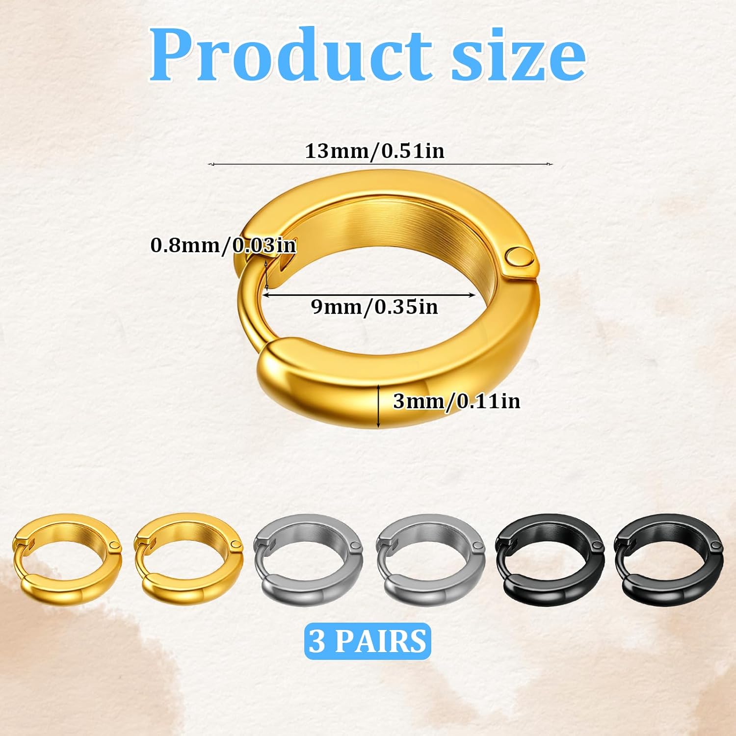 Small Hoop Earrings for Men Women, 3 Pcs 13mm Mens Earrings Stainless Steel Black/Gold/Silver Hoop Huggie Earring Mens Jewelry Ear Piercing Jewelry Set for Sensitive Ears - Image 2