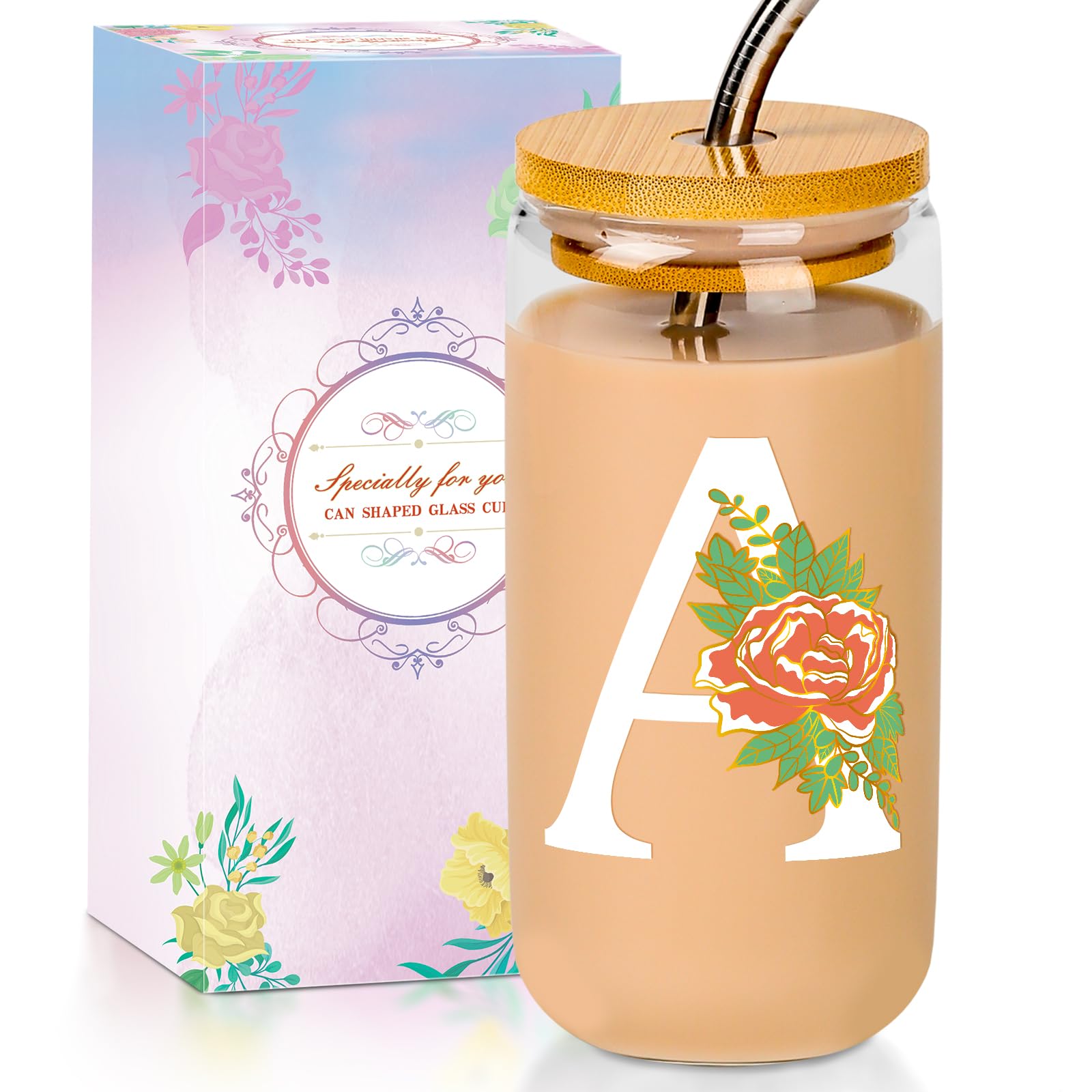 SENTVEND Initial Glass Cup with Lid and Straw Color-changing Monogrammed Gifts for Women 16 oz Iced Coffee Drinking Glass Tumbler Personalized Christmas Thanksgiving Birthday Gifts for Women Her Mom
