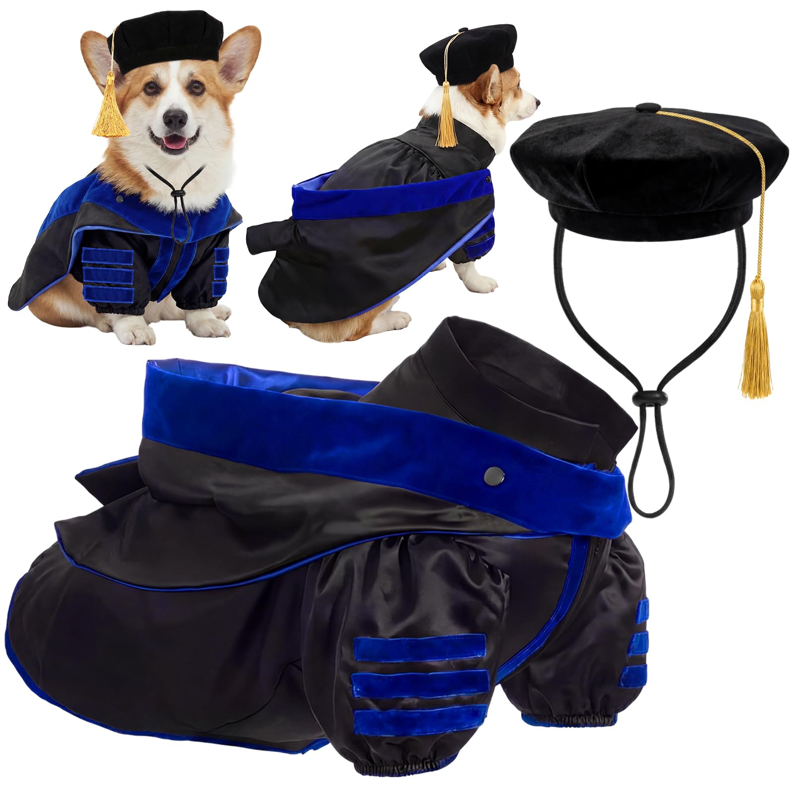 Photo 1 of Huhumy 3 Pcs Dog Cat Graduation Doctoral Costume Set, 2026 Pet Phd Graduation Cap and Deluxe Doctoral Gown with Hood Side Tam Puppy Kitty Dogs Grad Holiday Party Costume Accessory(Royal Blue,L)