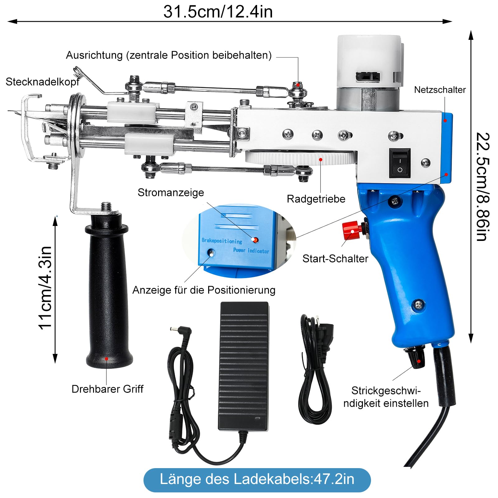 Tufting Gun Set mit Teppich Trimmer & Garn & Tufting Tuch, Teppich Tufting Pistolen Set für High-Speed Weben von Teppichen, Tufting Machine Kit DIY Tools -Blau