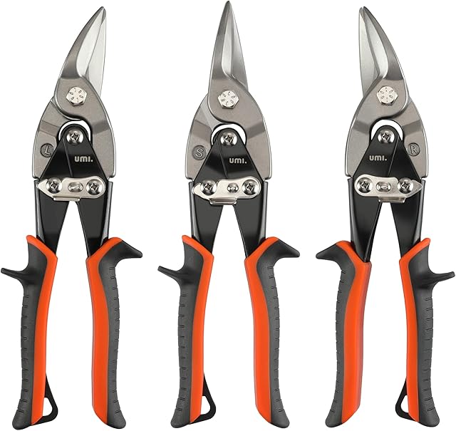 Amazon Brand Umi Tin Snips Set 250mm(10Inch), 3-Pack Cr-V Steel Aviation Snips, Include Left, Straight and Right Cut Snips, Perfect for Cutting Aluminum and Metal Sheets