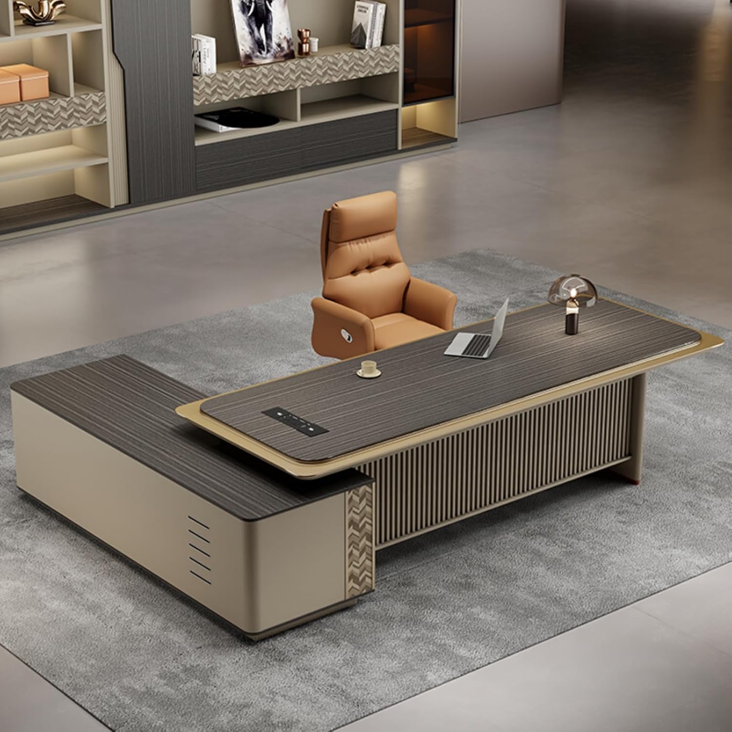 102" Brown Executive Office Desk, L Shaped Computer Desk with Storage Cabinet, Writing Study Table Business Furniture Set for CEO Boss