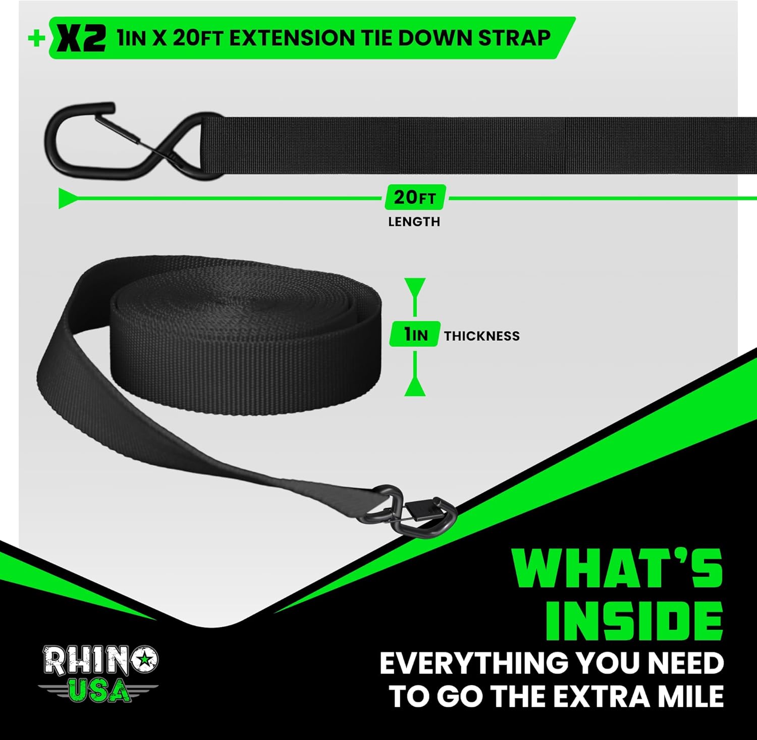 2 Pack Ratchet Strap Extension – 20 FT x 1 Inch with Loops Every 5 FT – S-Hook with Safety Clip – 1,209 LB Break Strength – Cargo Tie Down for Oversized Loads, Boxes, Moving, Hauling