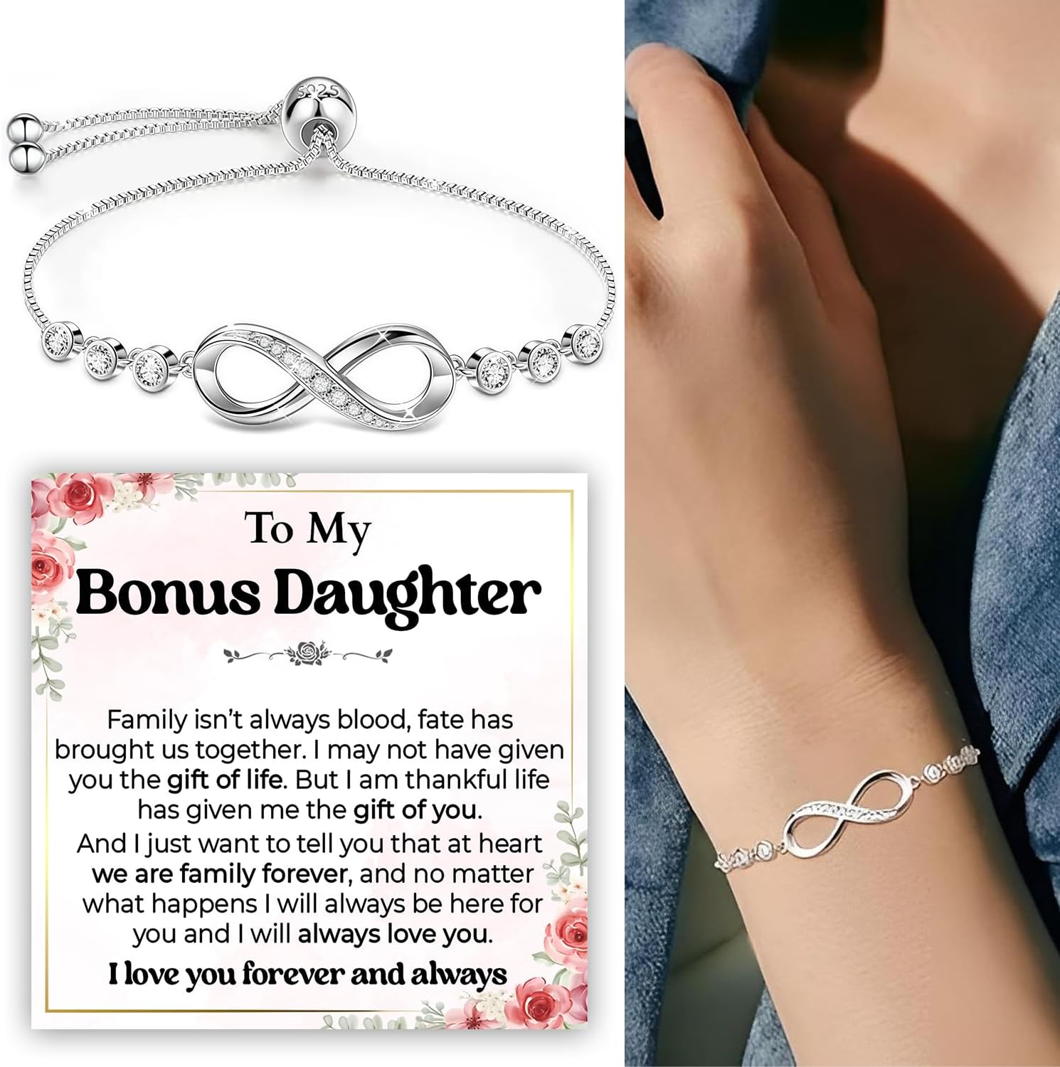 To My Bonus Daughter Bracelet, Step Daughter Infinity Heart Bracelet From Step Mom, Bonus Daughter's Jewelry Gift With Message Card And Box Meaning, Stepdaughter Bracelets Jewelry On Birthday