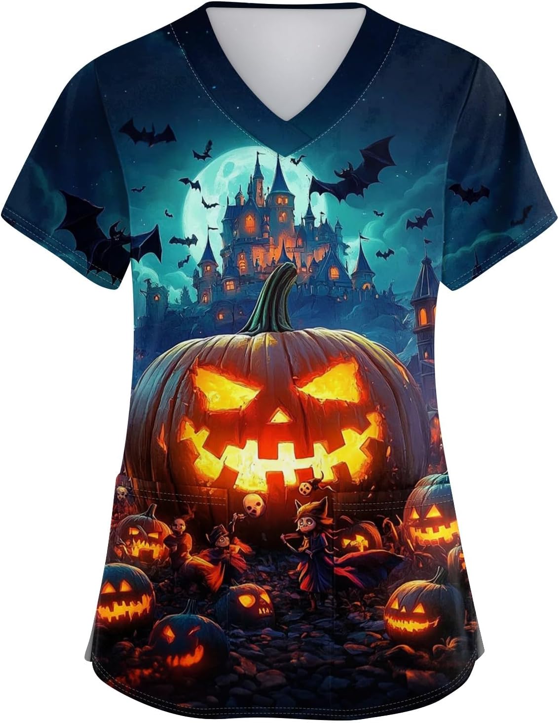 Women's Fall Halloween Shirts, Short Sleeve V Neck Pumpkin Graphic Holiday Blouses with Pockets, S-5XL