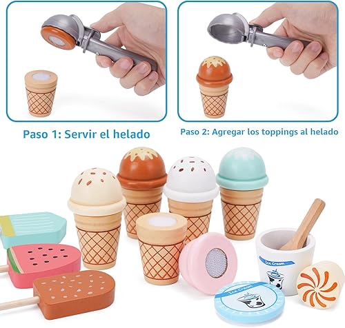 Miniatura 6 de Juego de Heladería de Madera para Niños, Juego de Cocina para Niñas Pequeñas, Juguetes de Simulación para Regalo para Niñas o Niños de 3, 4, 5, 6