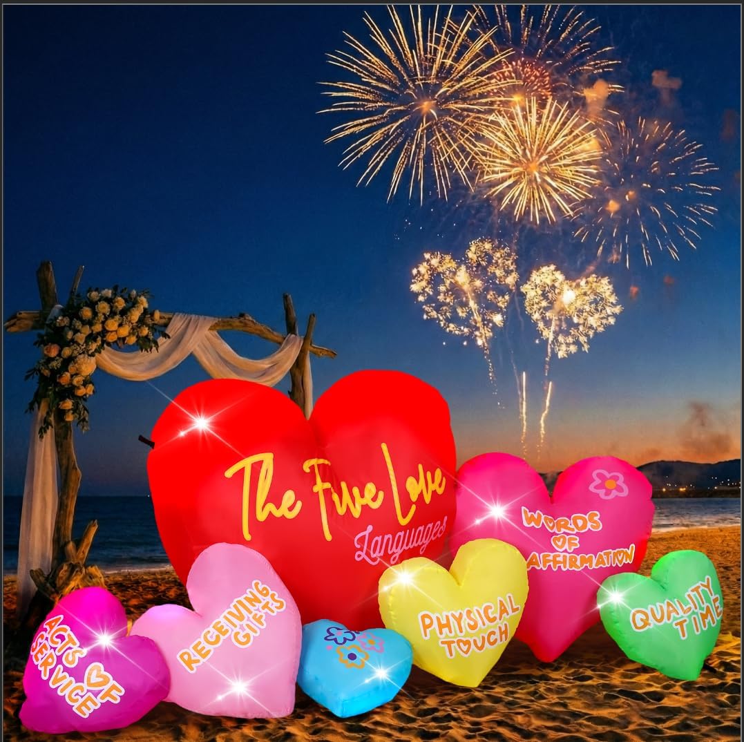 Valentines Inflatables Outdoor Decor, 6FT Long 5 Love Languages Hearts Blow Up Yard Decor with LED Lights, 7 Romantic Hearts Proposal Anniversary Wedding Lawn Garden Decoration, Weather Resistant