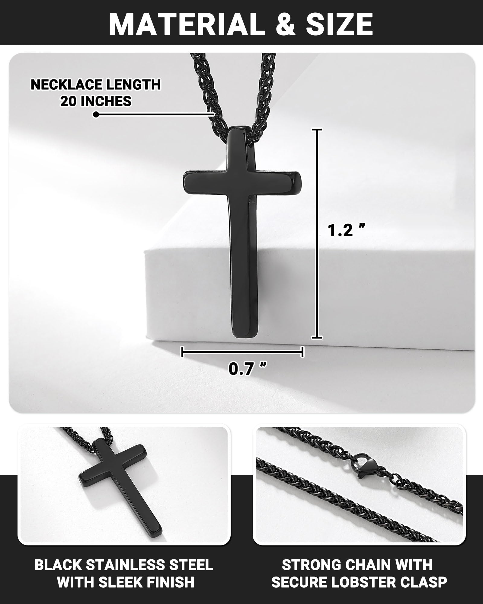 Birthday Gift Black Cross Necklace for Boys 8–21 Years Old with Joshua 1:9 Bible Verse