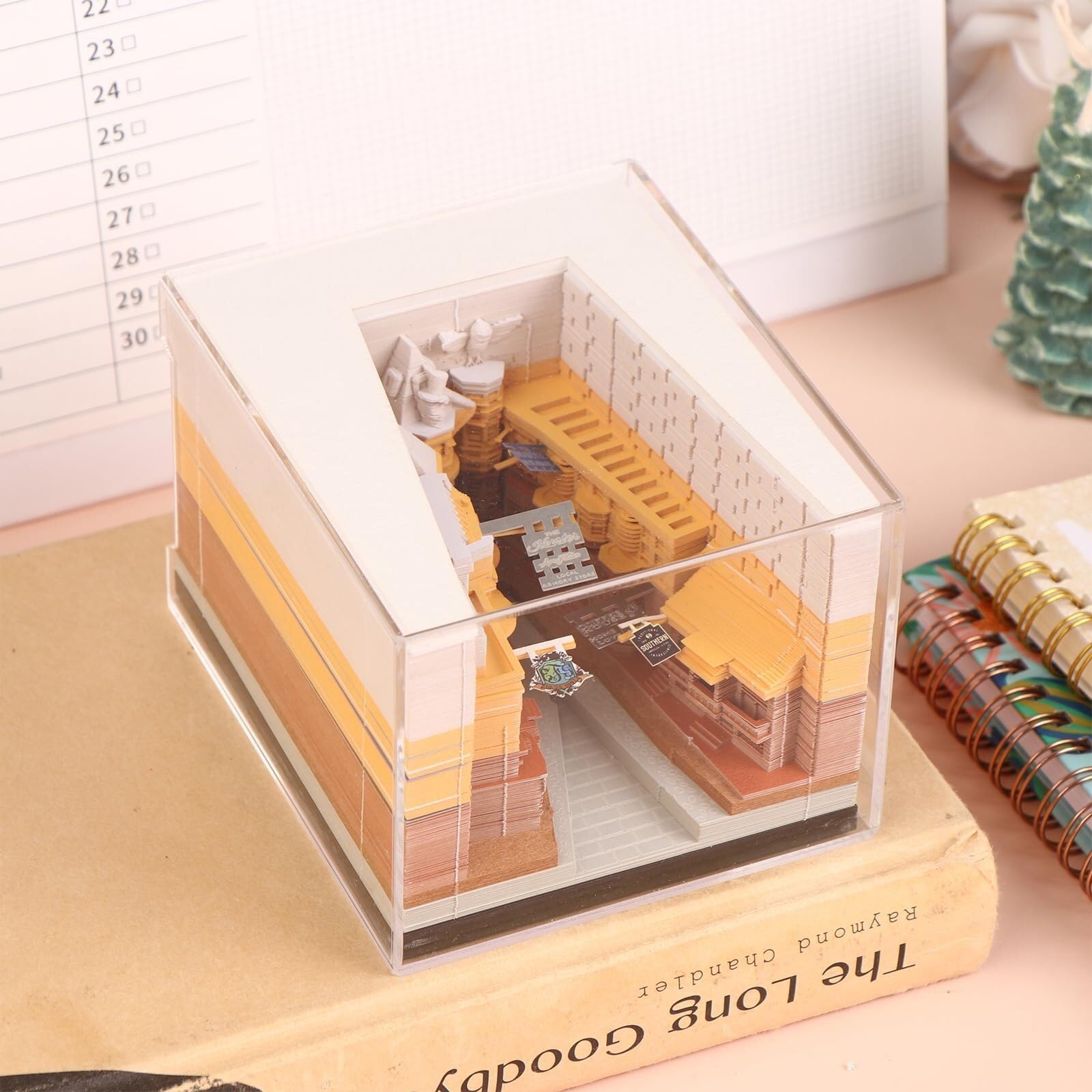Monatlicher Tischkalender Kalender 2026, Schreibtisch-Notizblock mit 3D-Katzenmotiv aus Papier, Geschenkidee Rezeptionisten-Zubehör(Diagon Alley,With Light)