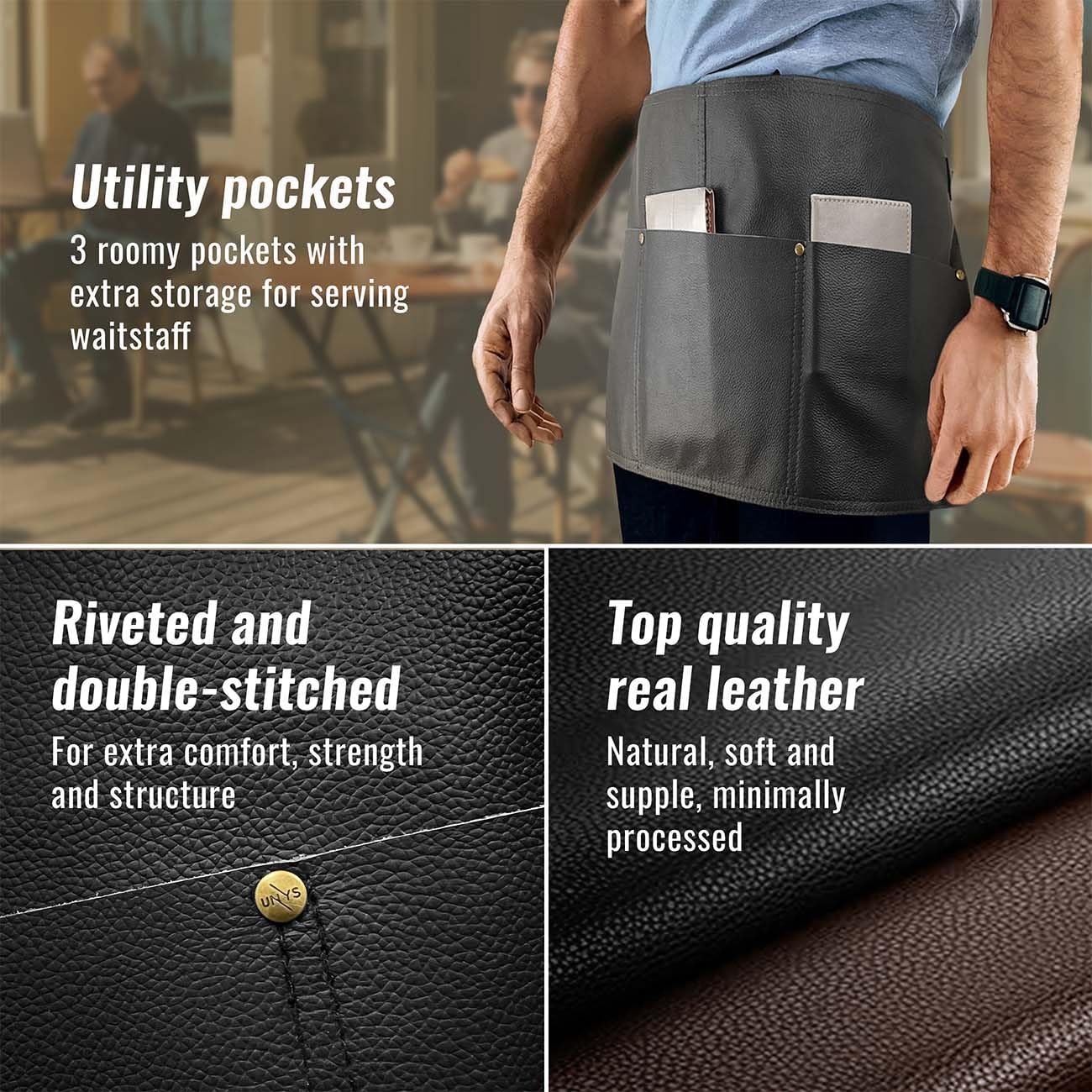 Under NY Sky Real Leather Half Apron - Big Pockets - Adjustable for Men and Women - Restaurant, Barista, Shop, Salon, Bartender, Server, Waiter - Half Apron Black