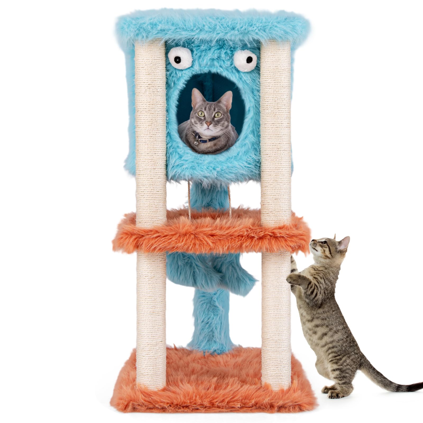Tangkula Monster-Themed Cat Tree, 3-Level Cat Tower Activity Center with Large Cat Condo, Sisal Scratching Posts & Hanging Toys, Long Plush Cute Cat