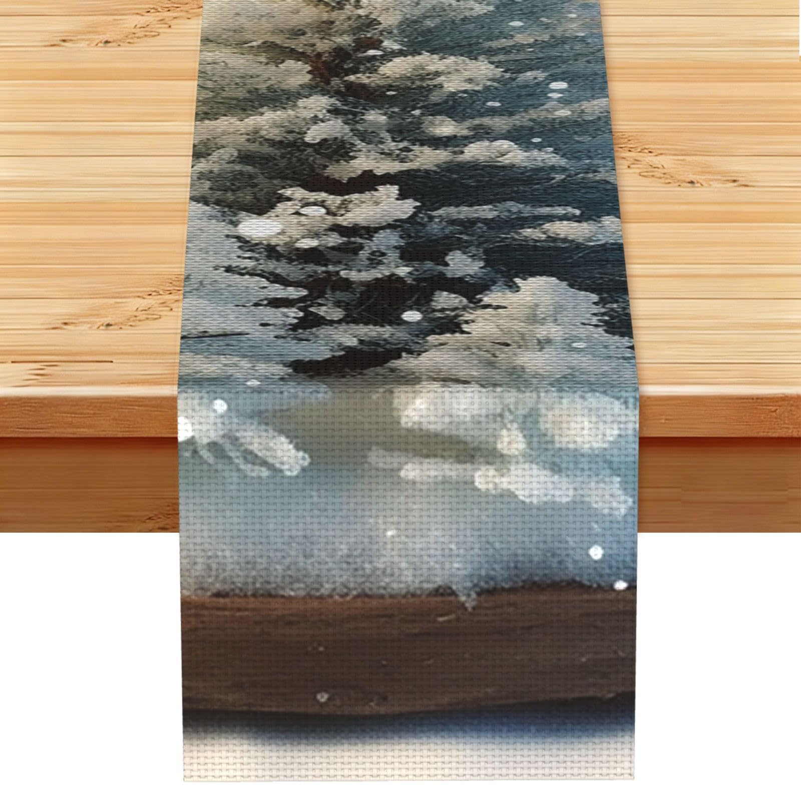 Snow Wonderland Pine Tree Christmas Table Runner 13x72 Inch Cotton Linen Table Linen Washable Farmhouse Tablecloth Modern Abstract Art Kitchen Dinning Table Decoration for Home Party Decor