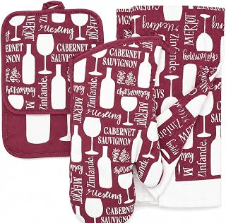 Wine-Themed Kitchen Linen Set in Burgundy, 100% Cotton | Oven Mitt Included, Pot Holders Included, Kitchen Towels Included, Padded Heat Protection, Wine Lover Design