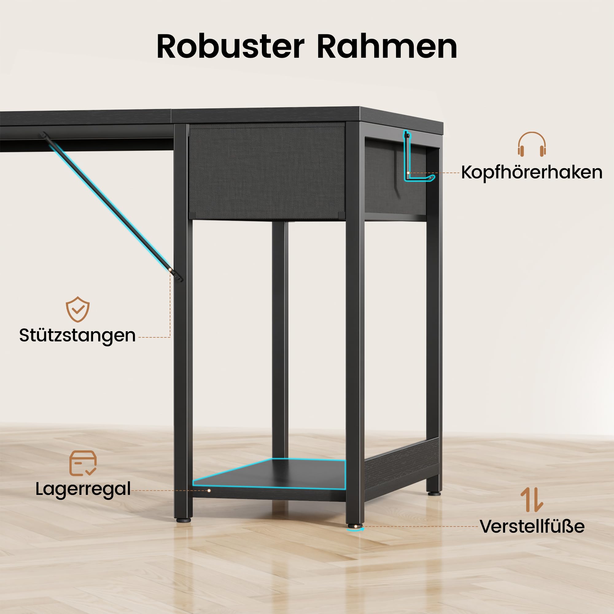 YOUDENOVA Schreibtisch mit 4 Schubladen, Computertisch 140cm mit Steckdosen und USB A/C, CPU-Ständer, Ablagefach, Stabiler Bürotisch PC Tisch Officetisch Für Büro Wohnzimmer Home Gaming Schwarz