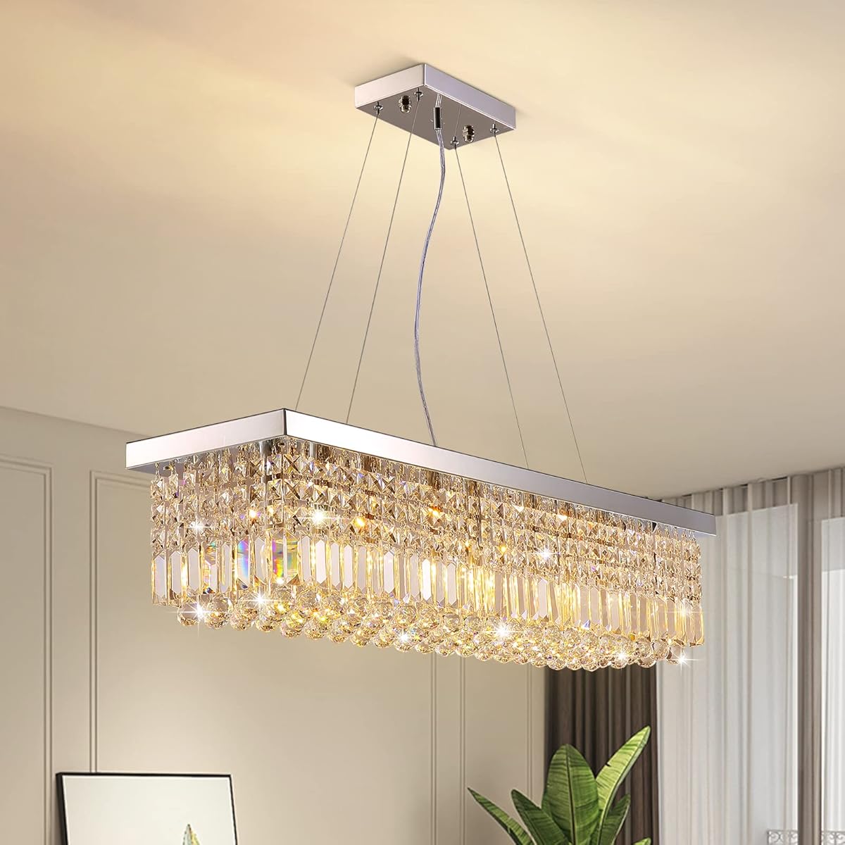 7PM Rectangle K9 Crystal Chandelier Modern Rectangular Pendant Light Fixture for Dining Room Kitchen Island Chrome L40 x W10 x H10