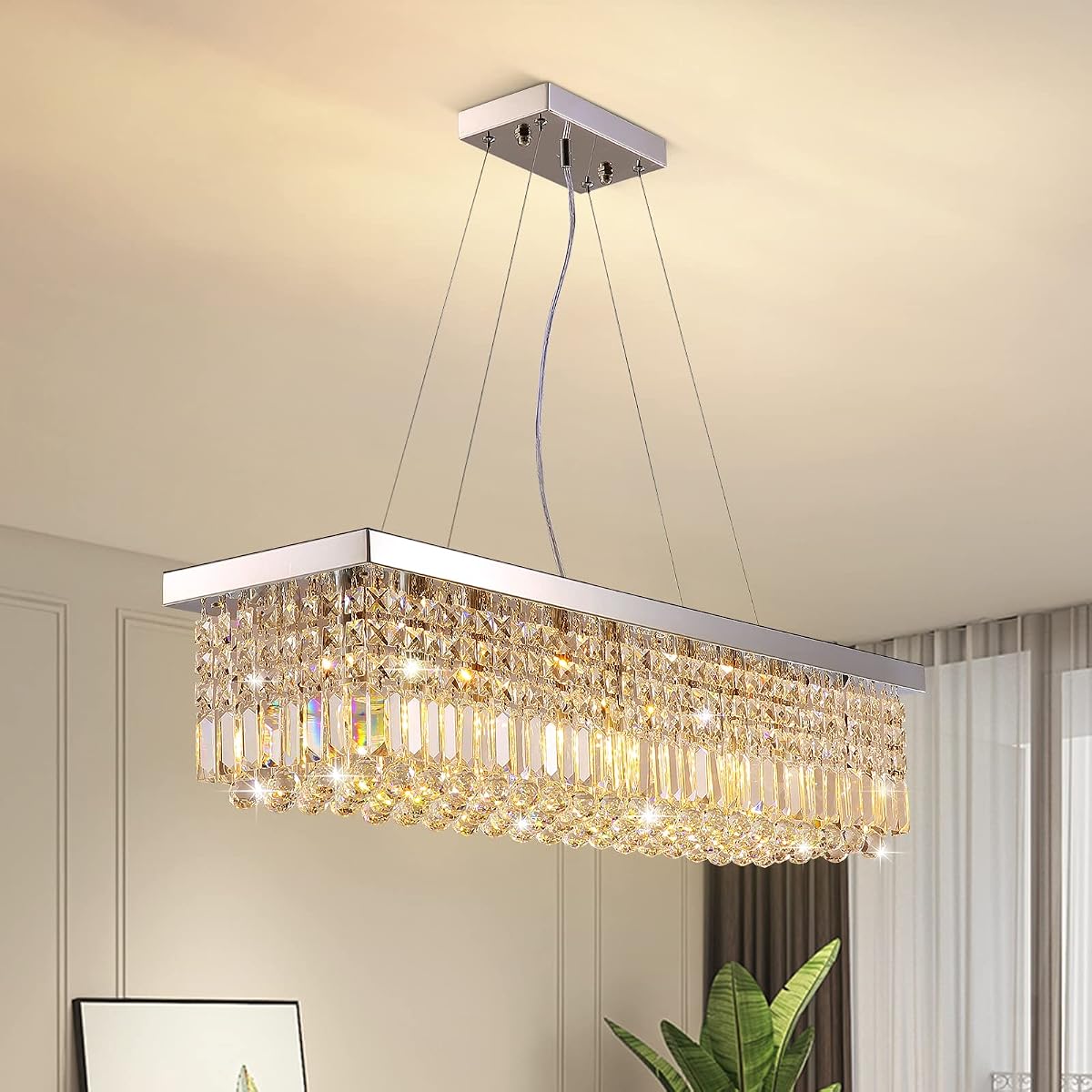 7PM Rectangle K9 Crystal Chandelier Pendant Light Fixture, Chrome, L40in x