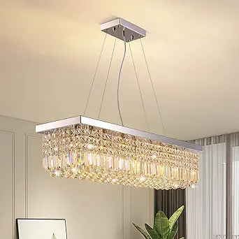 7PM Rectangle K9 Crystal Chandelier Modern Rectangular Pendant Light Fixture for Dining Room Kitchen Island Chrome L40 x W10 x H10