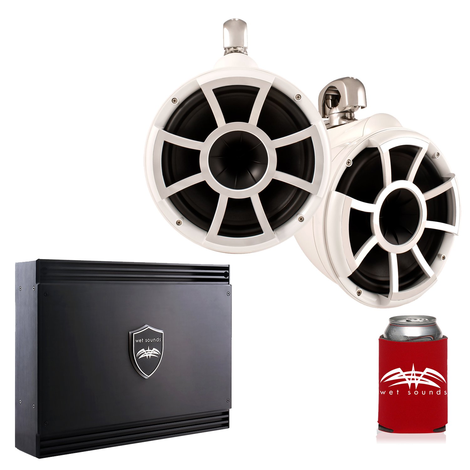 Wet Sounds REV10W-SC White REV 10 Swivel Clamp Tower Speakers with Wet Sounds SD2 1250 Watt 2-Channel Amplifier