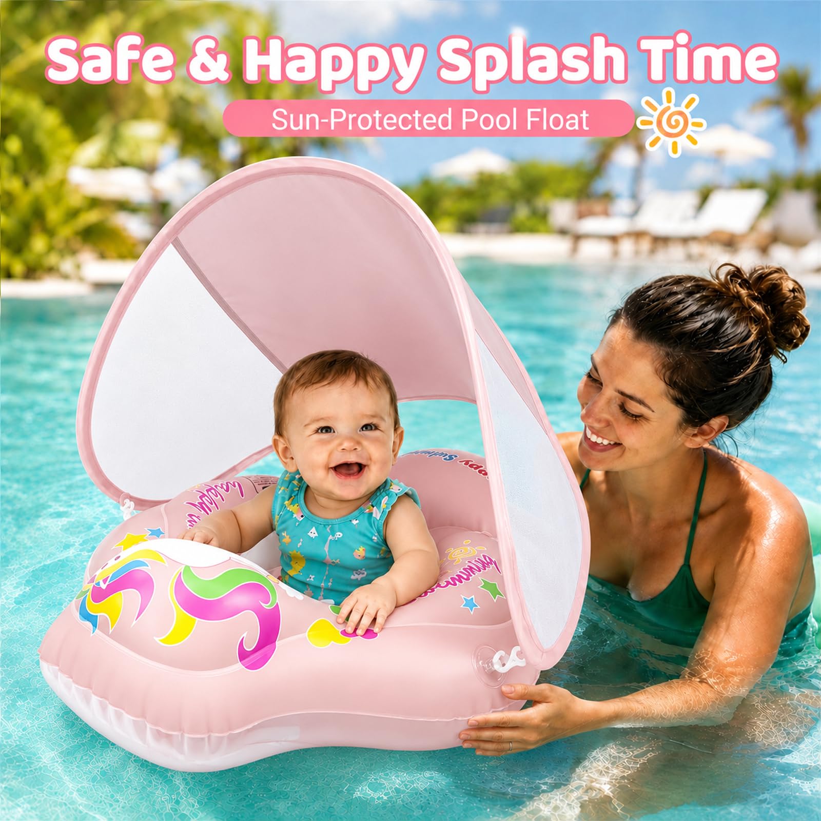 Flotador Bebé con Parasol, Baby Float Hinchable para Bebés de 3-72 Meses, Flotador Piscina con Arnés de Seguridad & Cámaras de Aire, Protección UV para Piscina y Playa