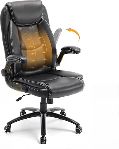 Ergonomic PU Leather Office Chair with Flip-Up Armrests, Reclining Backrest,