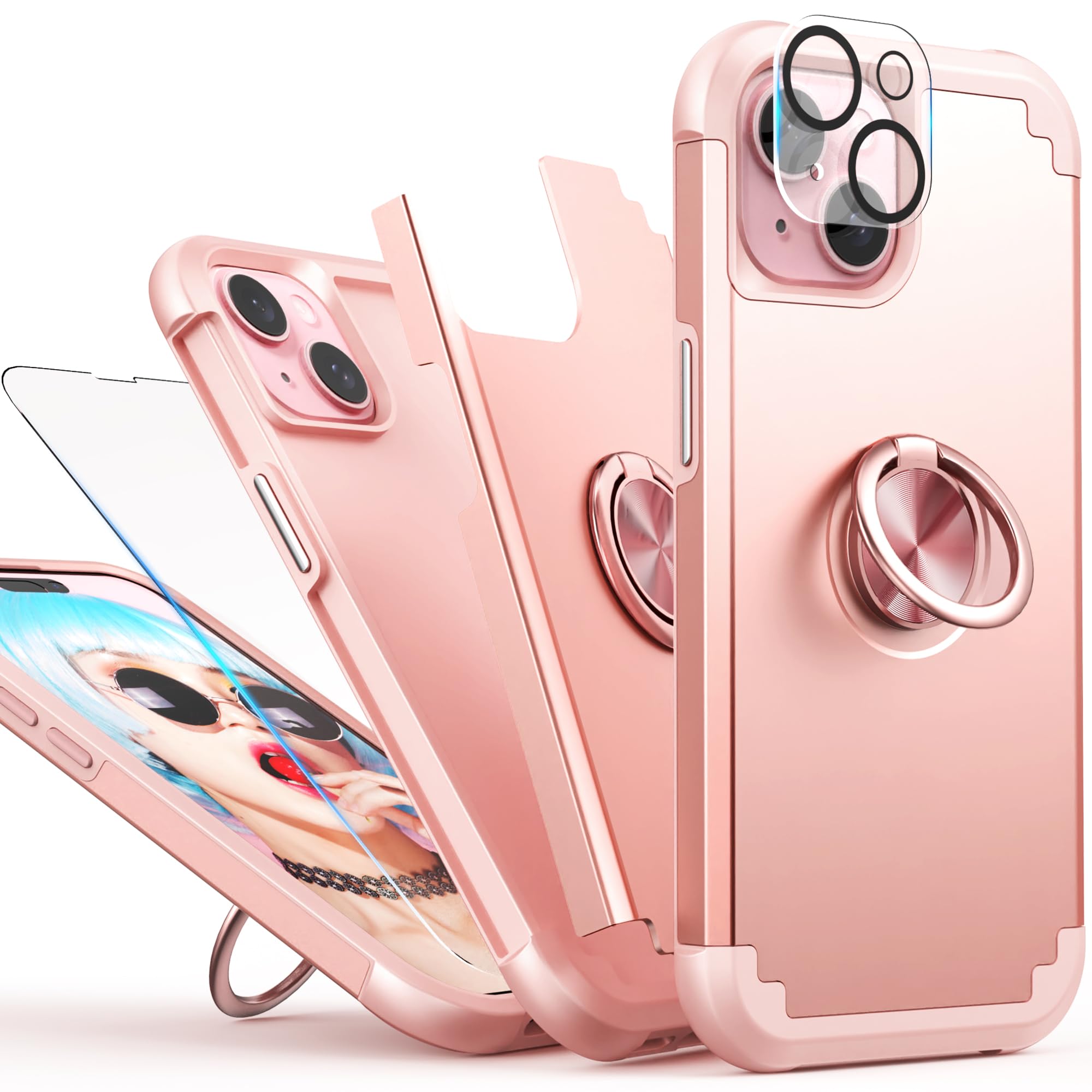 IDweel for iPhone 15 Case with Screen Protector + 360°Ring Holder Stand +Camera Lens Protector,2 in 1 Shockproof Slim Fit Hybrid Heavy Duty Hard PC Cover Soft Silicone Bumper Full Body Case,Rose Gold