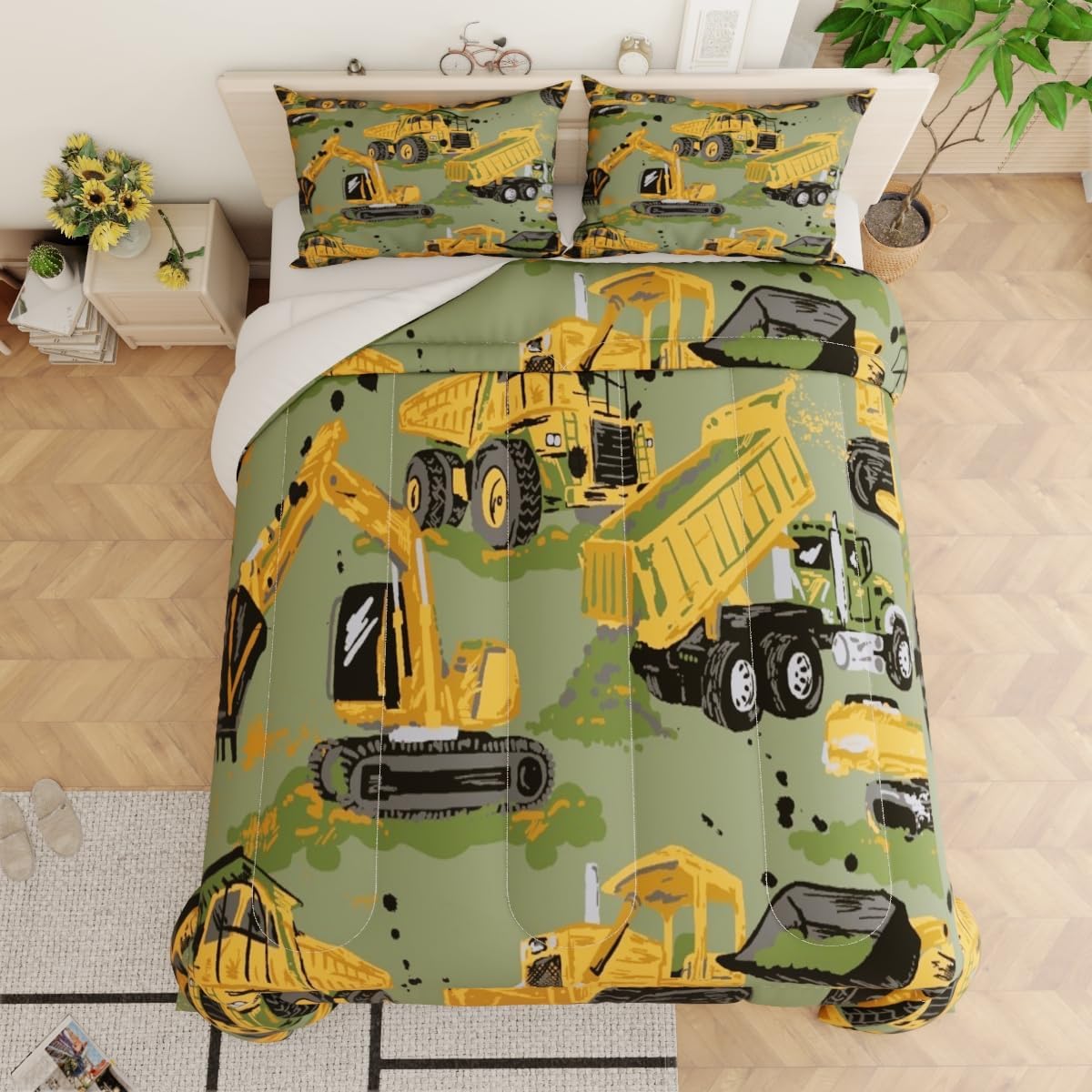 Kids Excavator Queen Comforter Set Cartoon Car Comforter