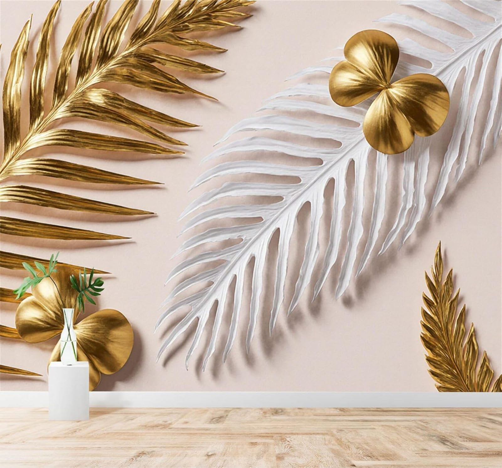 XLMING Minimalist Gold White Tropical Leaves Metallic Texture 3D Wallpaper Silky Texture Home Study Office Grey Dining Room Sofa Bedroom Living Room TV Backdrop-250cm×170cm