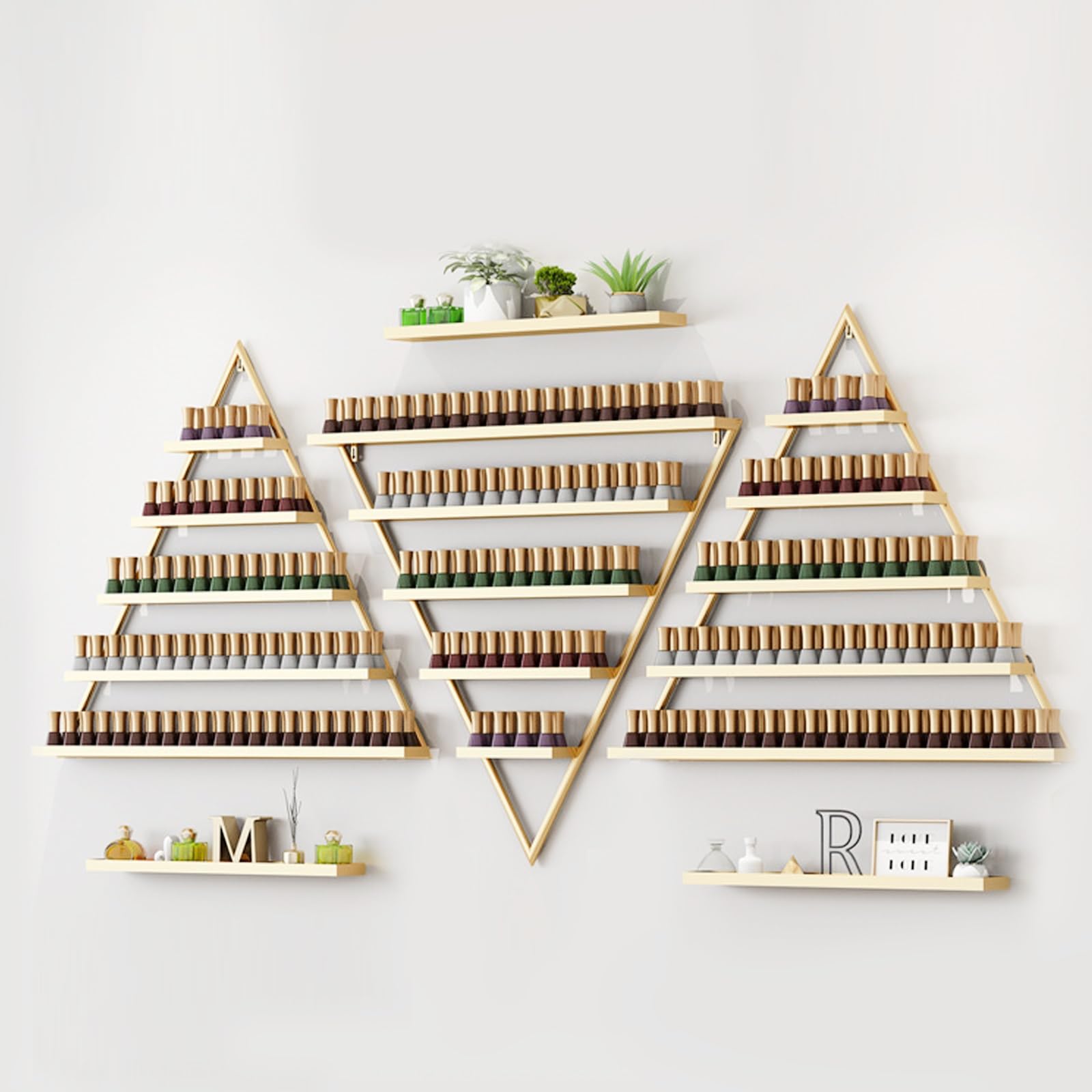 Mensola Porta Smalto Triangolare a Parete a 5 Strati Grande capacità Galleggiante in Metallo per Oli Essenziali e Fragranze(Gold,Six-Piece)