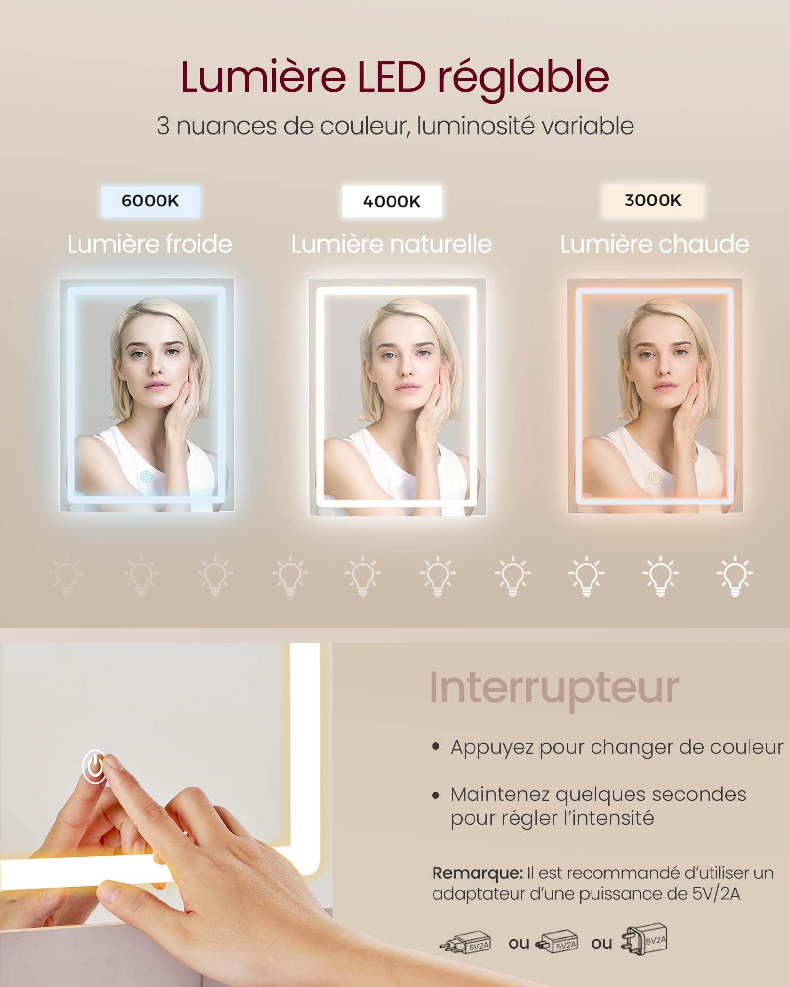 VASAGLE Coiffeuse avec Miroir LED, Luminosité Réglable, Multiprise, Table de Maquillage, 40 x 105 x 145 cm, Compartiments Ouverts, Étagères Réglables, Moderne, Blanc Nuage, Kailyn RDT144WB01