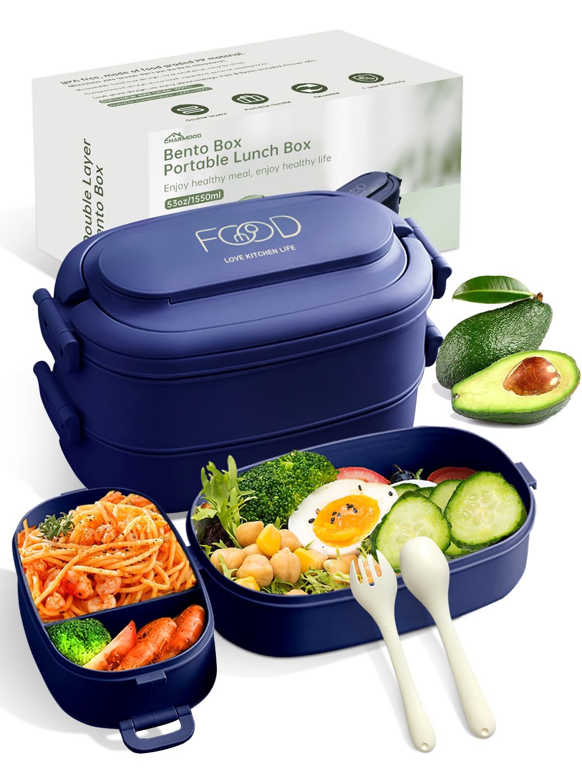 Bento Box Adults Lunch Box: Stackable Lunchbox w/Utensils, Leak-Proof Portable Lunch Container w/Divided Compartments, 1550ml Microwave Safe Lunch Box for Work, Outdoors, Navy Blue