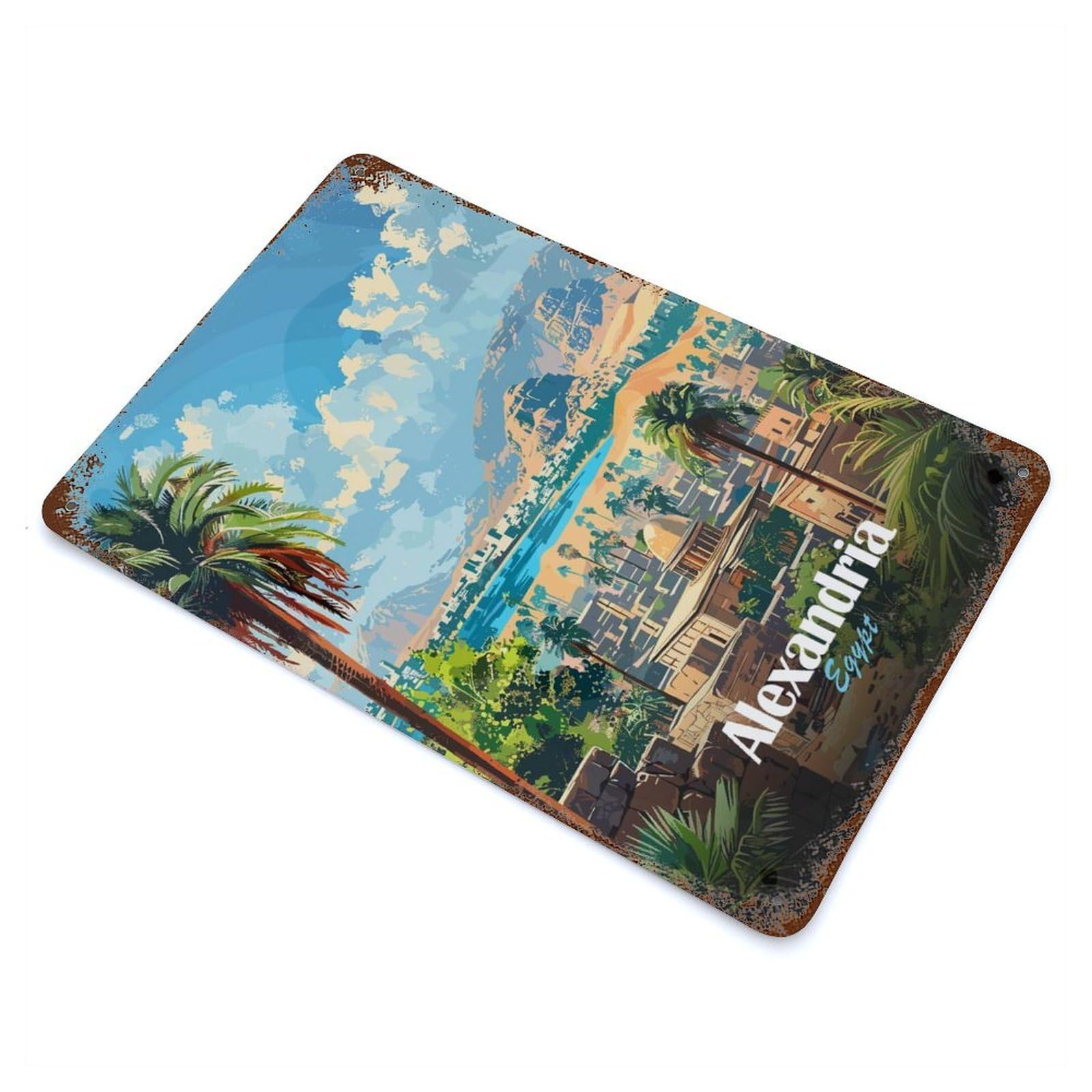 Garage Style Alexandria, Egypt Travel Rustic Tin Plaque 11.8"x7.9", Industrial Home Decor for Bar And Workshop