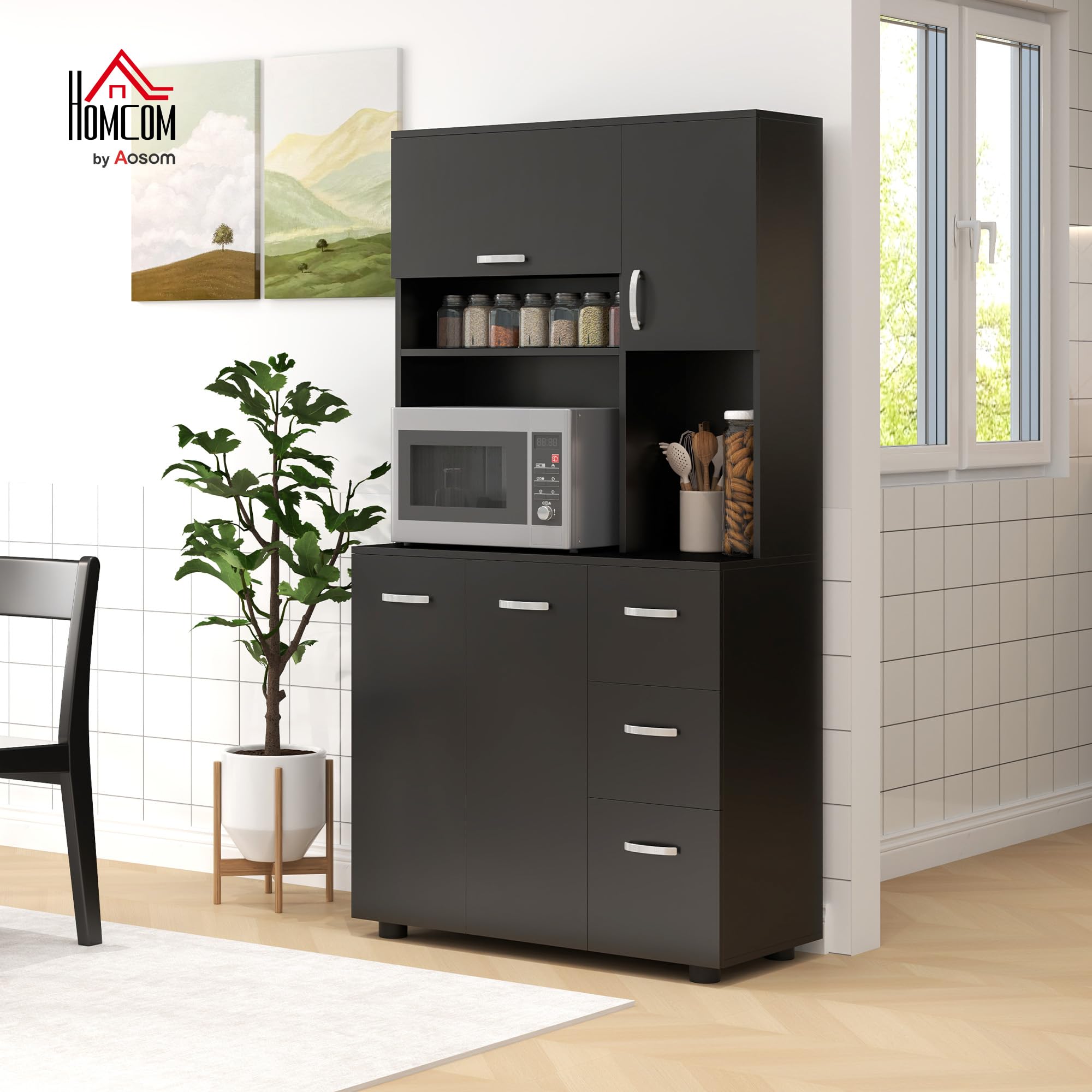 HOMCOM Armoire de Cuisine Multi-rangements 4 Portes 3 tiroirs étagère + Grand Plateau 89L x 39,5l x 168H cm Noir