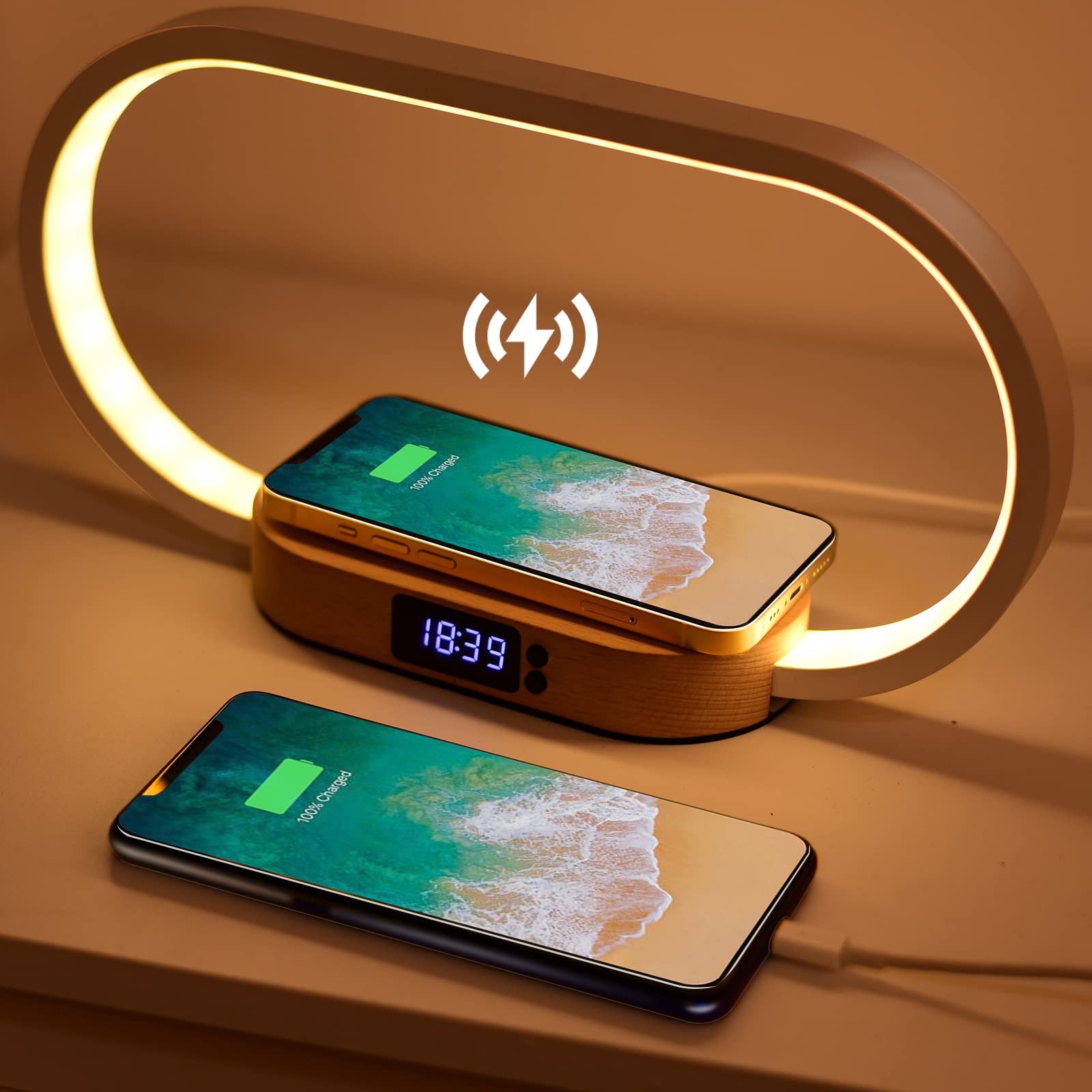 Lampe de Chevet Chargeur sans Fil 15W, Lampe Chevet Bois avec Horloge et Port USB, Lampe de Table Tactile Dimmable avec 3 Modes de Couleur pour Lecture Chambre Bureau, Bois&Blanc