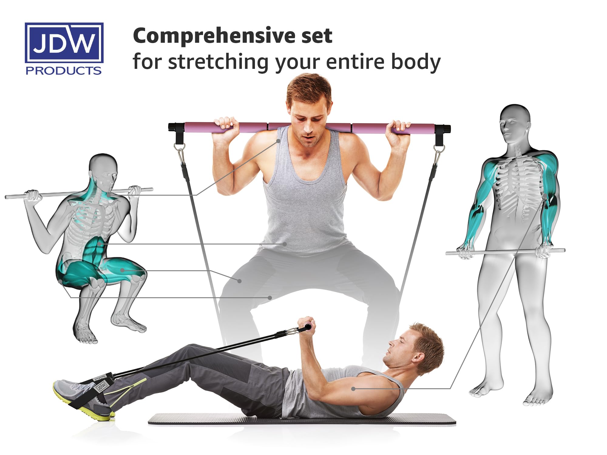 JDW Enterprises zestaw do pilatesu, 2 standardowe i 2 mocne paski do treningu całego ciała, torba do przechowywania, sprzęt fitness do domowej siłowni, jogi