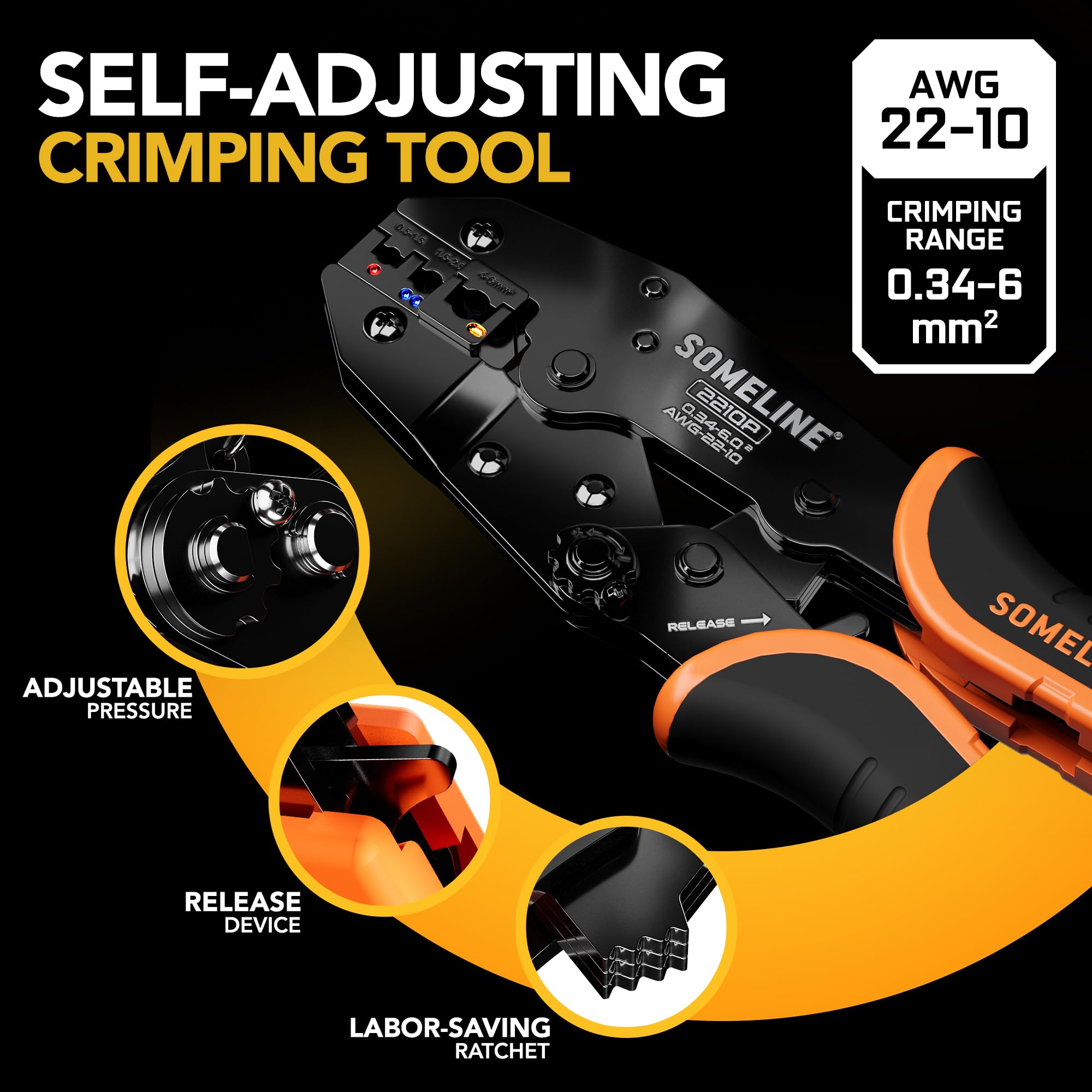 SOMELINE Crimping Tool for Insulated Electrical Connectors 0.34-6 mm², Ratchet Crimping Plier, Electrical Crimper Pliers - Image 4
