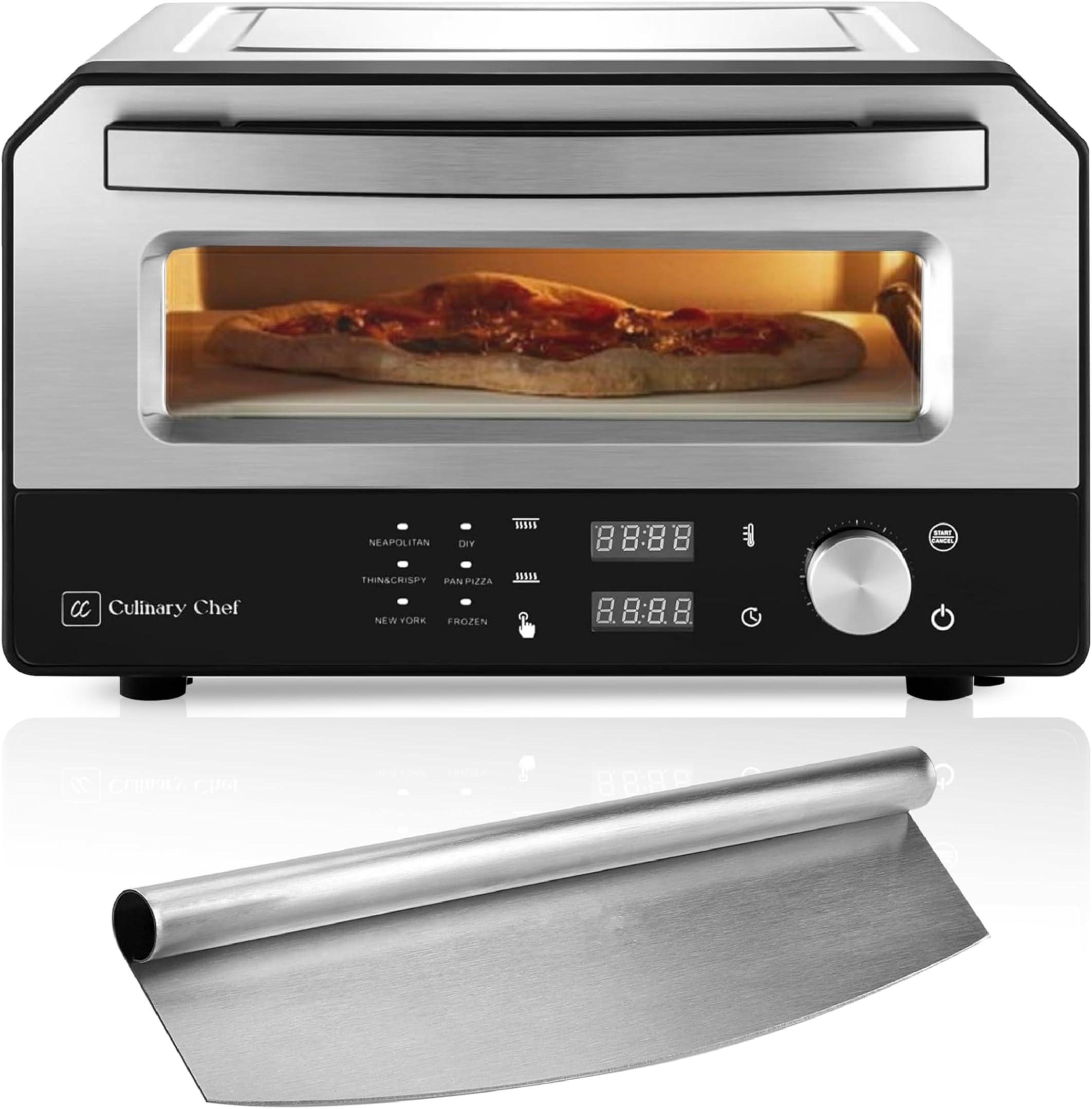 Indoor Pizza Oven with Rapid Cooking, 3 Heat Modes, X-Large Rack, Dual Temperature Control, Preset Functions, Cutter, and Removable Stone, Stainless Steel