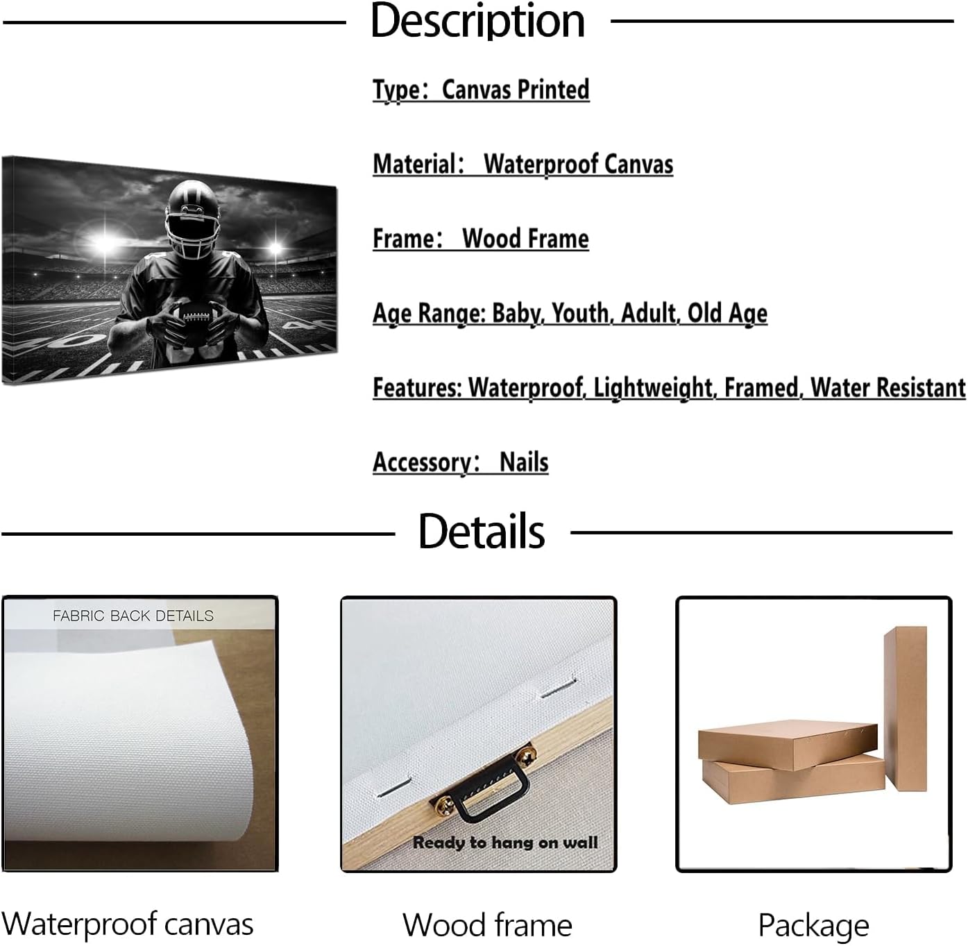 TAOMI Rugby Player Black Artwork Large Canvas Wall Art Sports Fan American Football Field Stadium Picture for Gym Home Boy Bedroom Living Room Décor Frame 20x40inch