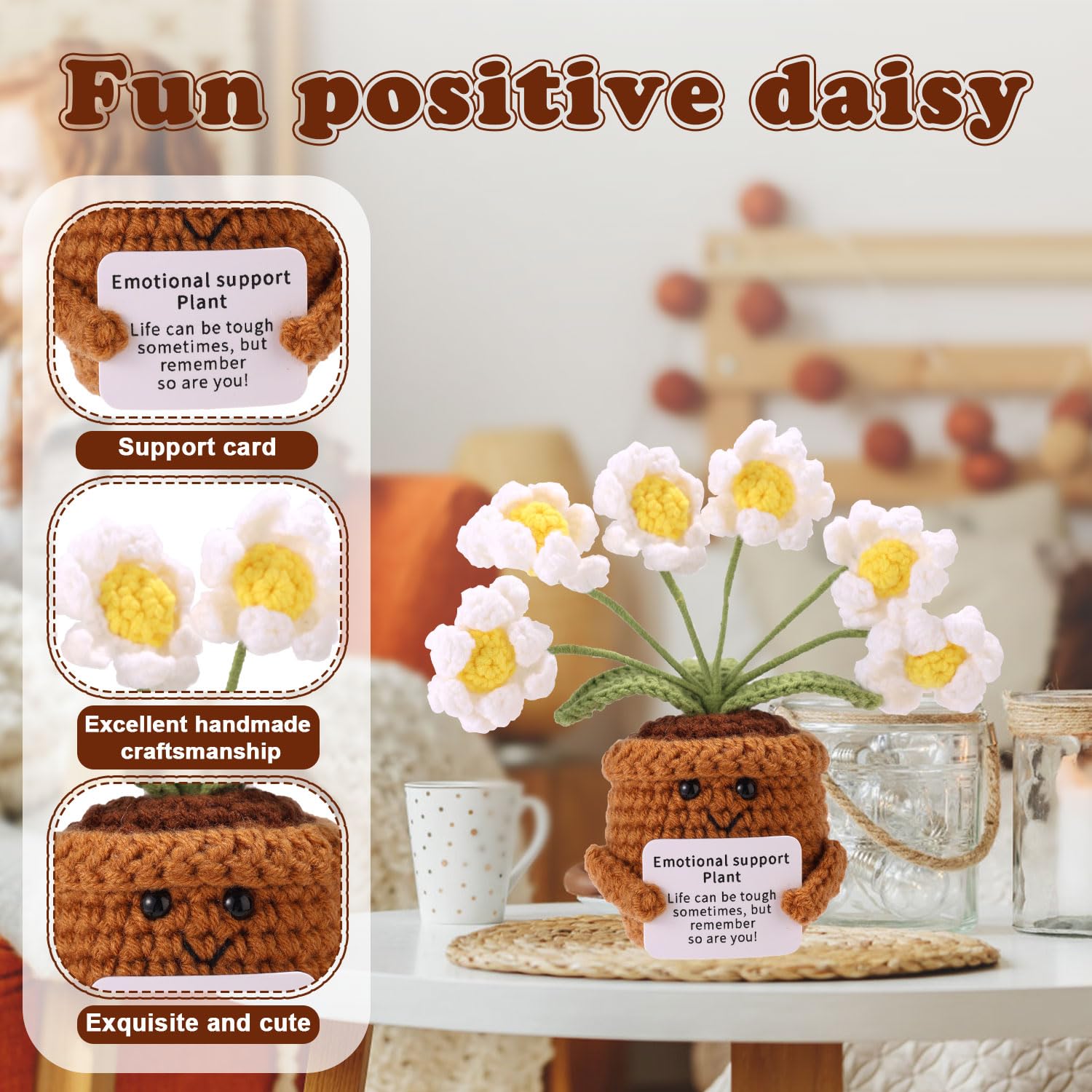 TOYMIS Crochet Daisy, Handmade Knitted Positive Support Plant Daisy Inspirational Flower Pot Doll Suitable for Balcony Living Room Bedroom Office Desk Decor - Image 3