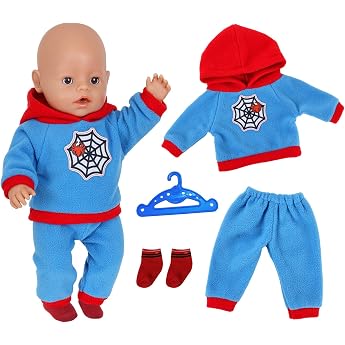 Baby Dolls Doll Clothes 35-43 cm Pack of 4 Doll Clothes for Baby Dolls Spider Theme Hooded Sweatshirt 1 Red Blue Trousers 1 Socks 1 Hanger Clothing Outfits for Baby Dolls Clothing for Children