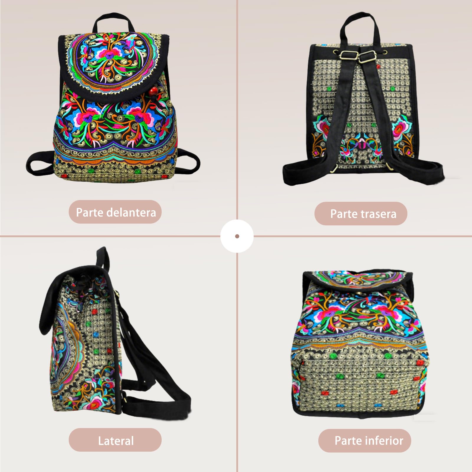 CORIOS Mochila para Mujer Bolso Mochilas con Bordado Étnico Bohemia Morral Backpack Mochilas con Cierre de Cordón Bolso de Mano de Hombro de Lona Retro Daypack Bolsas de Escuela Peonía Morada L