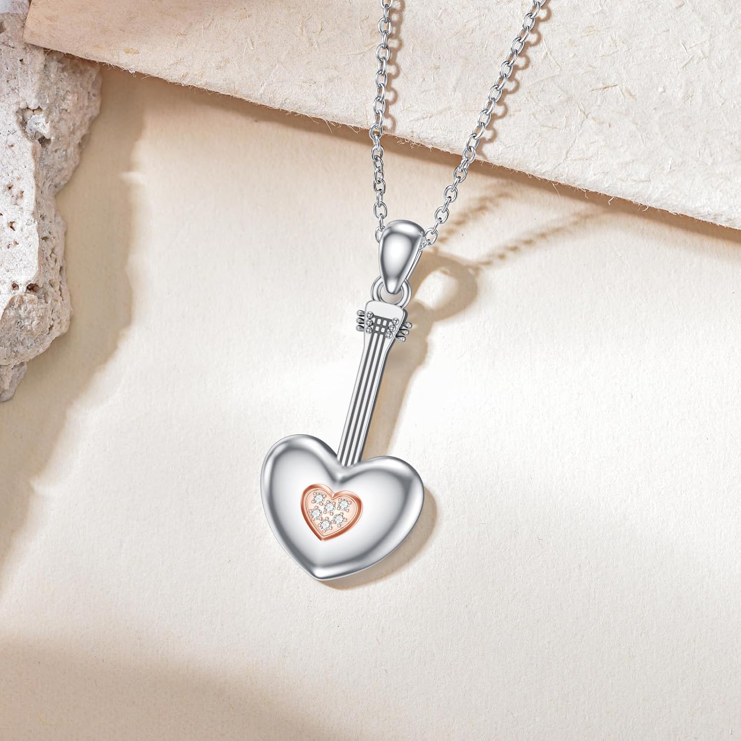 Diamond Love Guitar Necklace 925 Sterling Silver Musical Instrument Pendant for Women Jewelry Gifts for Guitarist or Music Teacher - Image 2
