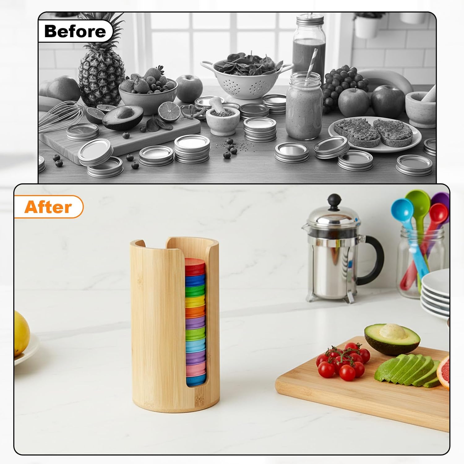 2 Pcs Mason Jar Lid Organizer Bamboo Vertical Mason Jar Lid Storage Accessories Tumbler Lids Holder Cup Lids Organizer for Home Kitchen Countertop Cupboard (Wide Mouth & Regular Mouth)