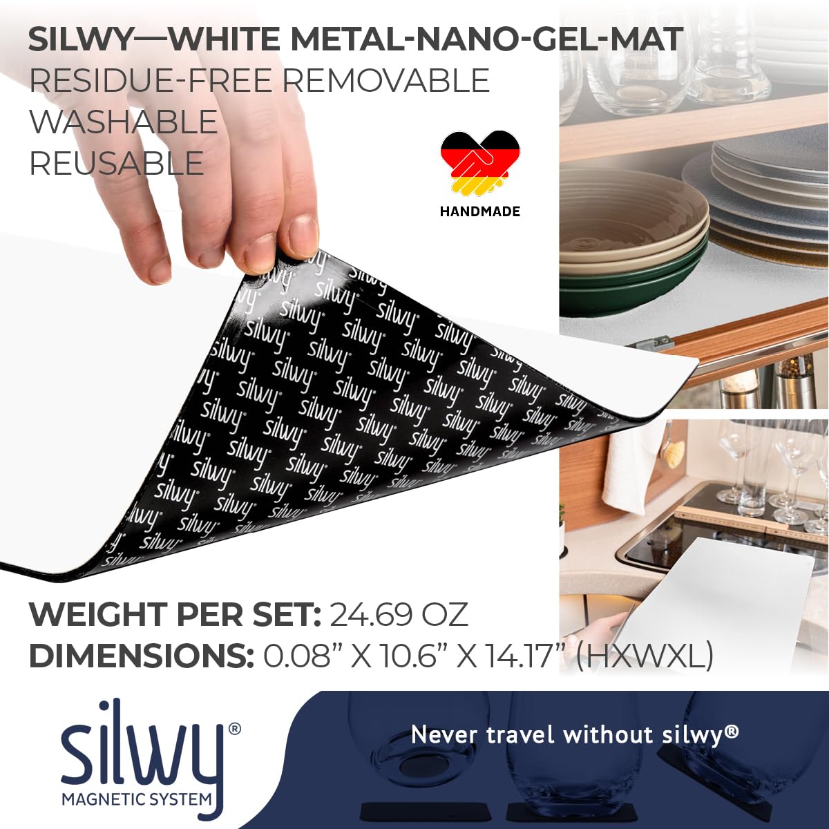 silwy® Matelas métallique White en Aspect Cuir pour Ranger de Vaisselle magnétique, 40 x 27 cm, découpable, Parfait pour Le Camping et Yachting