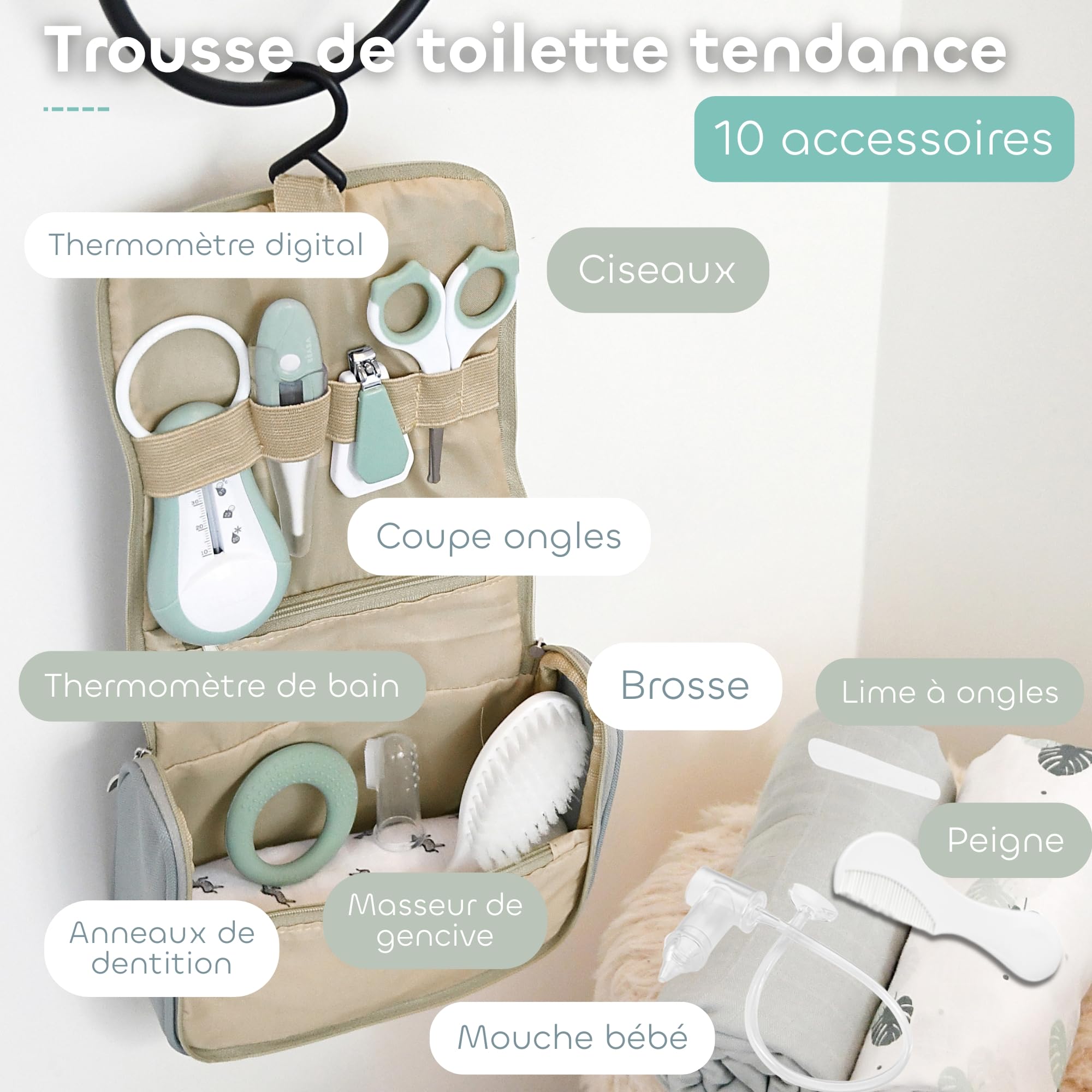 BÉABA Trousse de Toilette Bébé Nomade – 10 Accessoires Soins Dès la Naissance – Crochet Rotatif, Format Compact, Double Zip – Thermomètres, Coupe-Ongles, Brosse – Coloris Vert Sauge