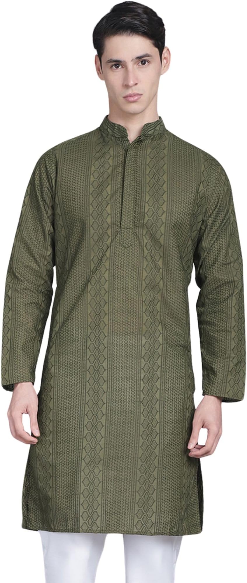 Majestic ManMen Cotton Blend Chikankari Embroidered Ethnic Motifs Double Plaket Regular Kurta
