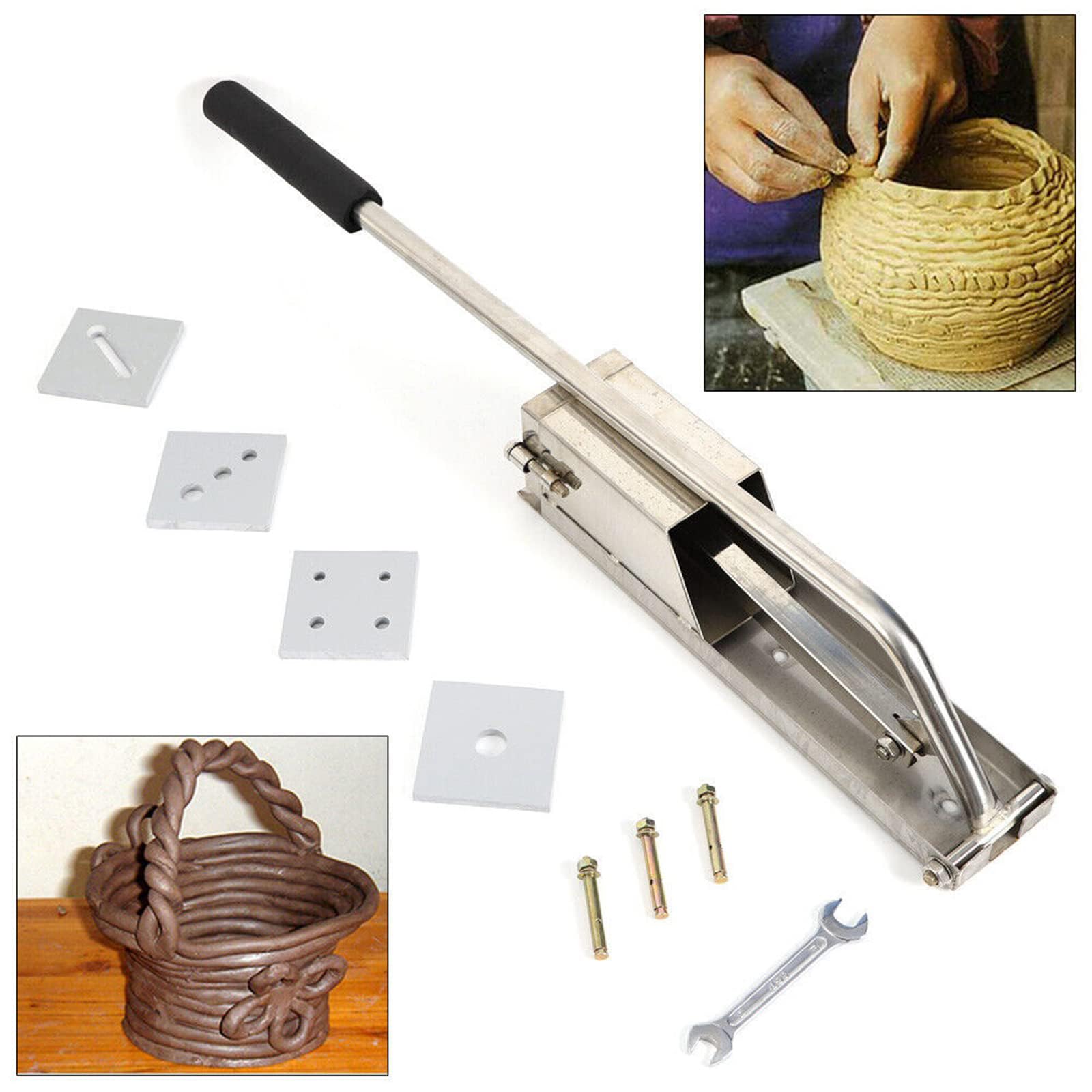 Extrusora de arcilla para montaje en pared, acero inoxidable con 4 moldes para construcción de bobinas, esculpir y construir a mano, tamaño: 99 x 13 x 15 cm