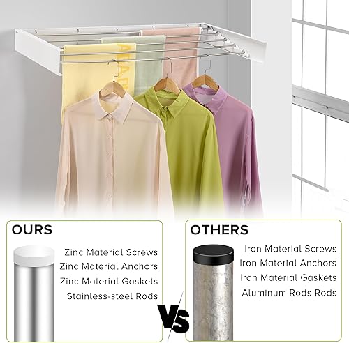 Miniatura 2 de Estante de Secado de Ropa Montado en la Pared, Estante de Secado de Ropa Retráctil para Baño con Plantilla de Pared, 5 Varillas de Acero Inoxidable