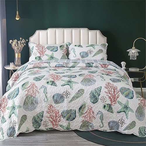 Miniatura 3 de ABREEZE Juego de ropa de cama con temática de playa costera, tamaño Queen, colcha reversible de algodón con diseño de conchas y conchas de mar,