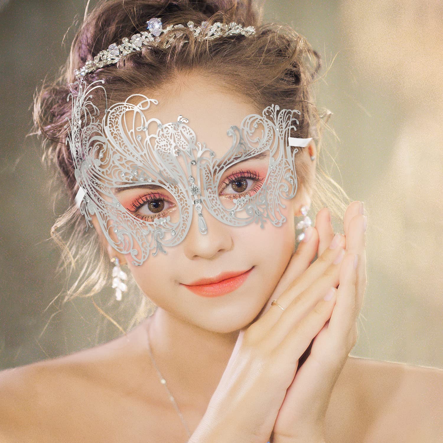 Coddsmz Couple Masquerade Mask Metal Masks Venetian Party Mask Halloween Costume Mask Mardi Gras Mask Party Evening Bar Prom Ball Mask Set for Women and Men Costumes Accessory (Silver+Silver)