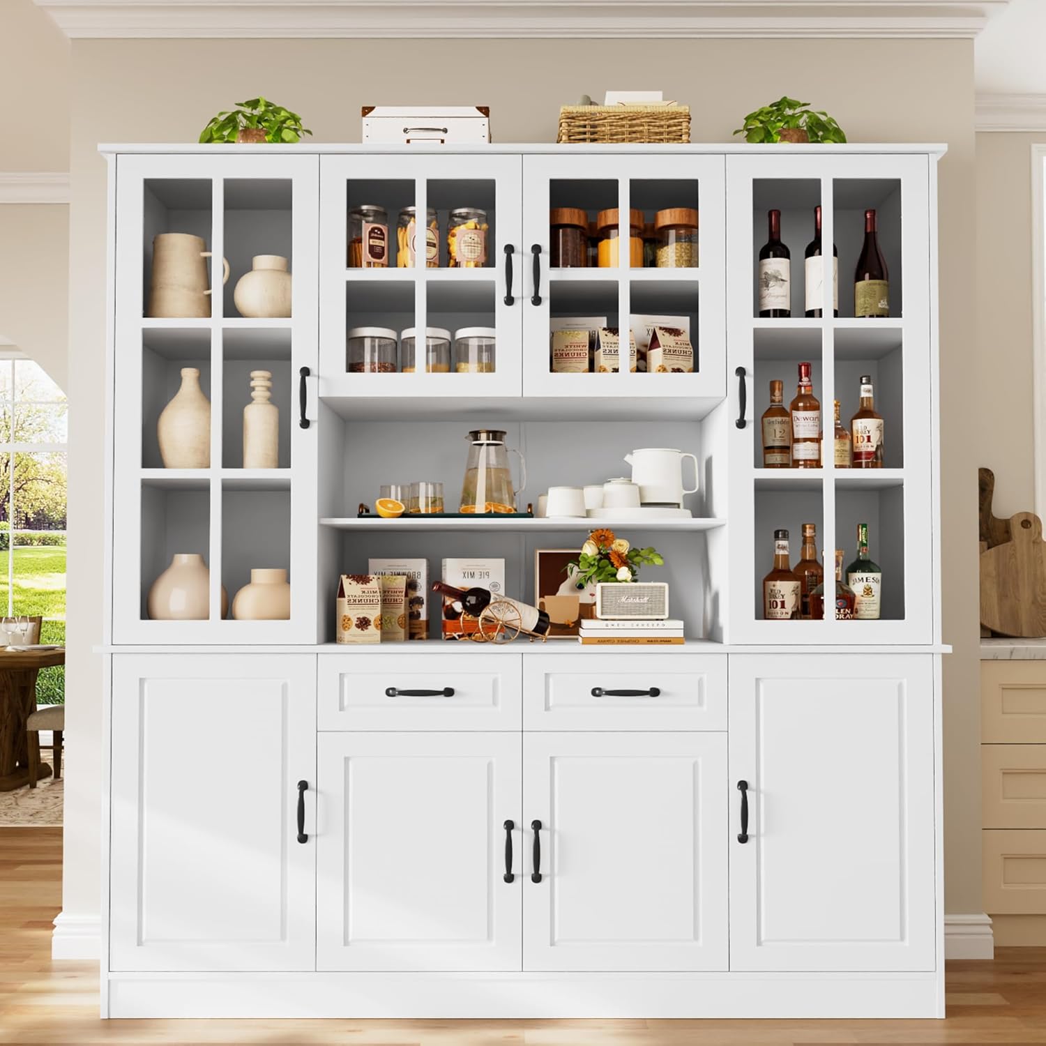 Buytime 71" Tall White Kitchen Pantry Cabinet with Glass Doors, 63" Wide Hutch, 2 Drawers & Adjustable Shelves for Dining & Living Room Storage